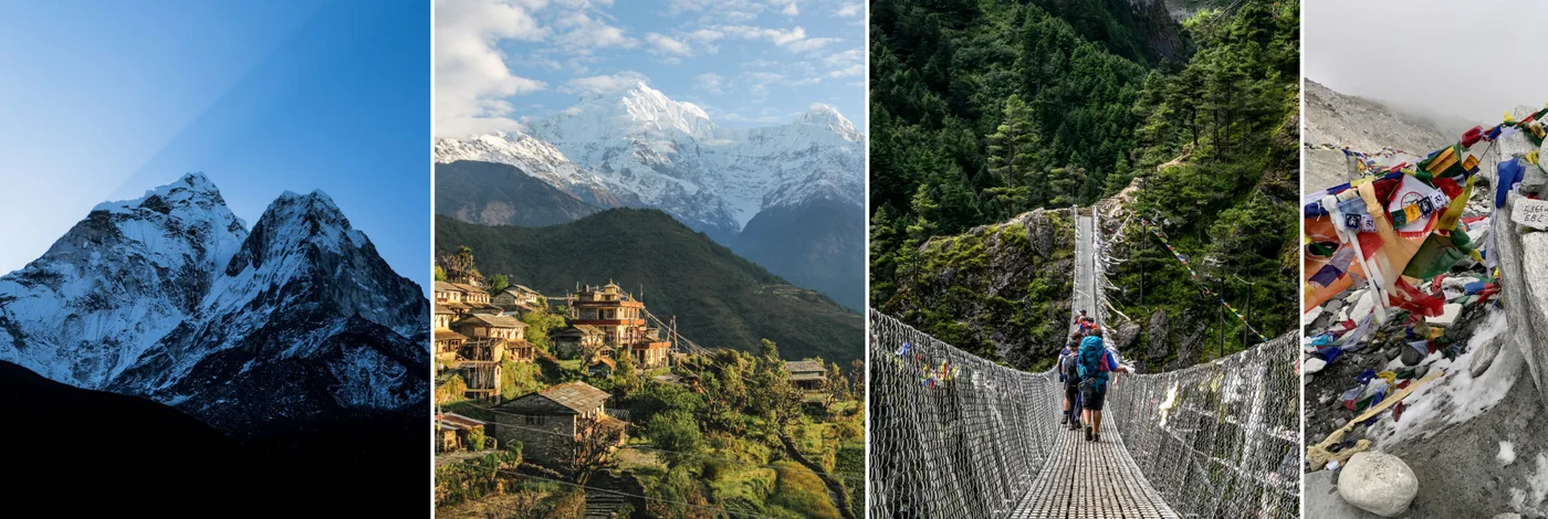 Four trail photographs from a Wild Yak trip page: Ama Dablam, a hill village, a suspension bridge and prayer flags