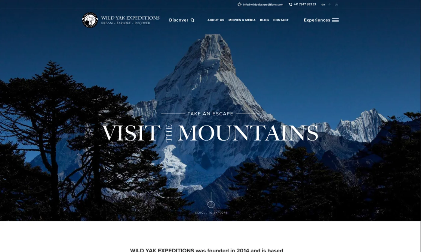 The home page design: Ama Dablam at night, the company's story, and trips by country