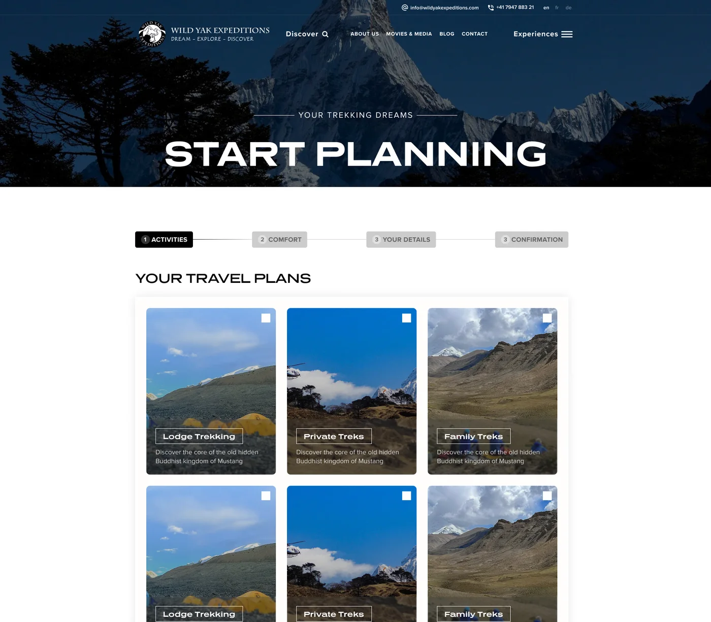 The Start planning page design, with four steps: activities, comfort, your details and confirmation, and cards for lodge trekking, private treks and family treks