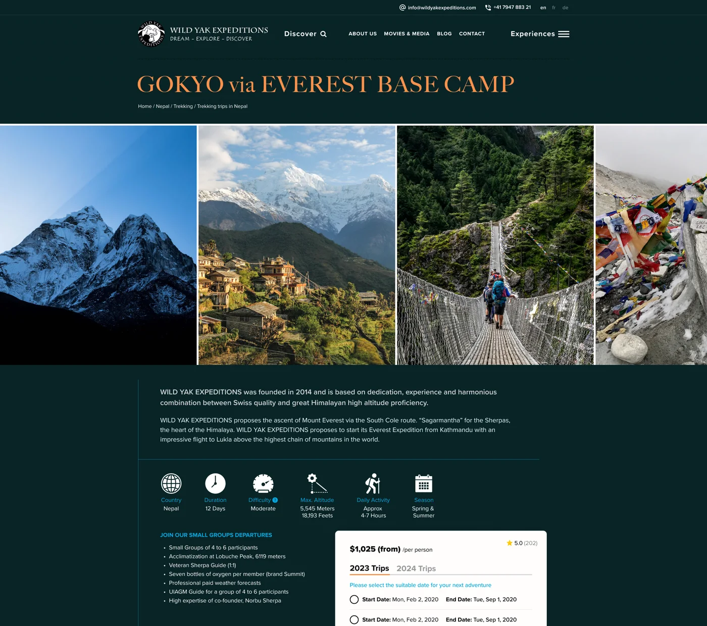 The Gokyo via Everest Base Camp trip page design, with photographs, the trip facts in icons, the small-group promises and the price from 1,025 dollars