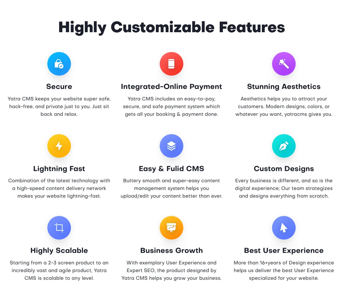 Nine of the features on the site, each with an icon: secure, online payment, design, speed, an easy editor, custom designs, scale, growth and user experience